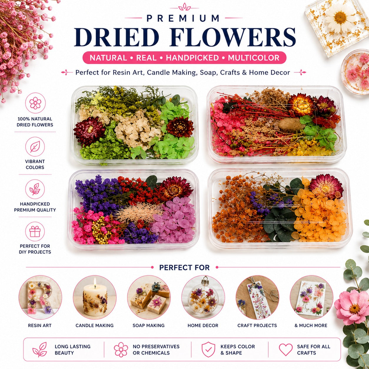 Premium Dried Flowers – Natural Multicolor Mix