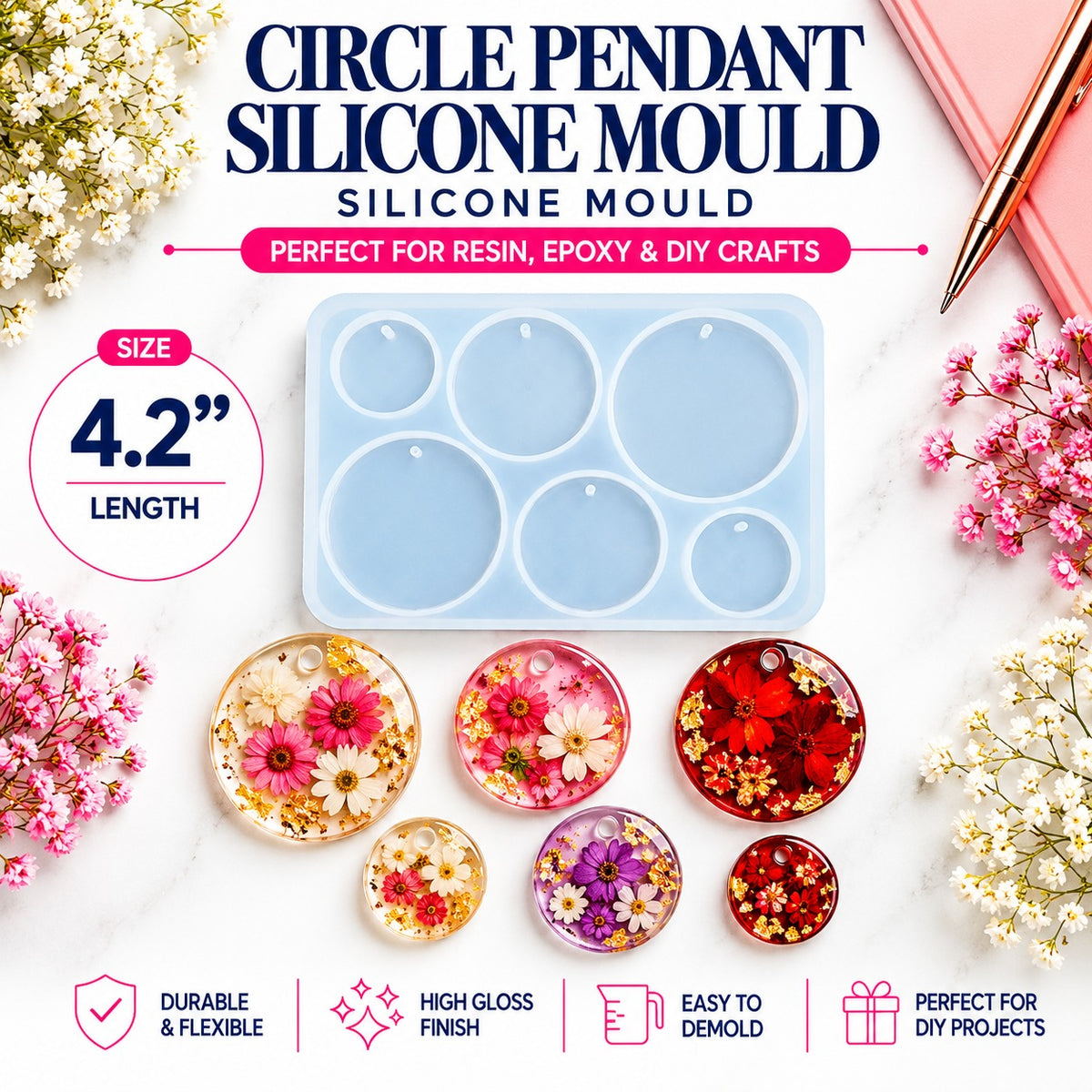 Circle Pendant Silicone Mould – 6 Cavities 4.2"