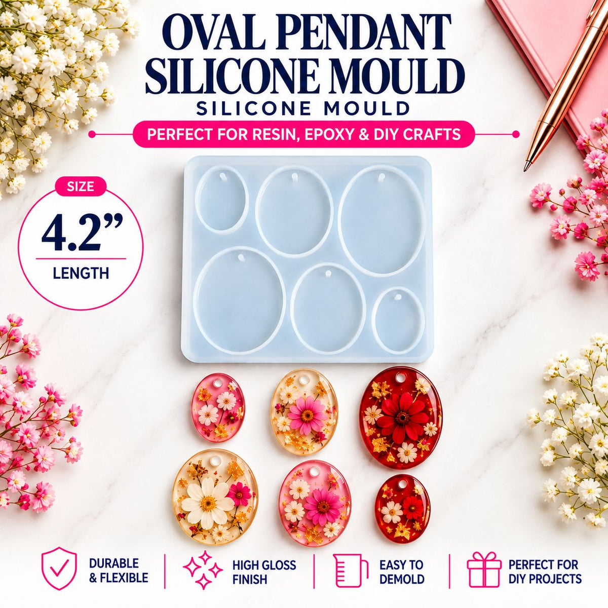 Oval Pendant Silicone Mould – 6 Cavities 4.2"