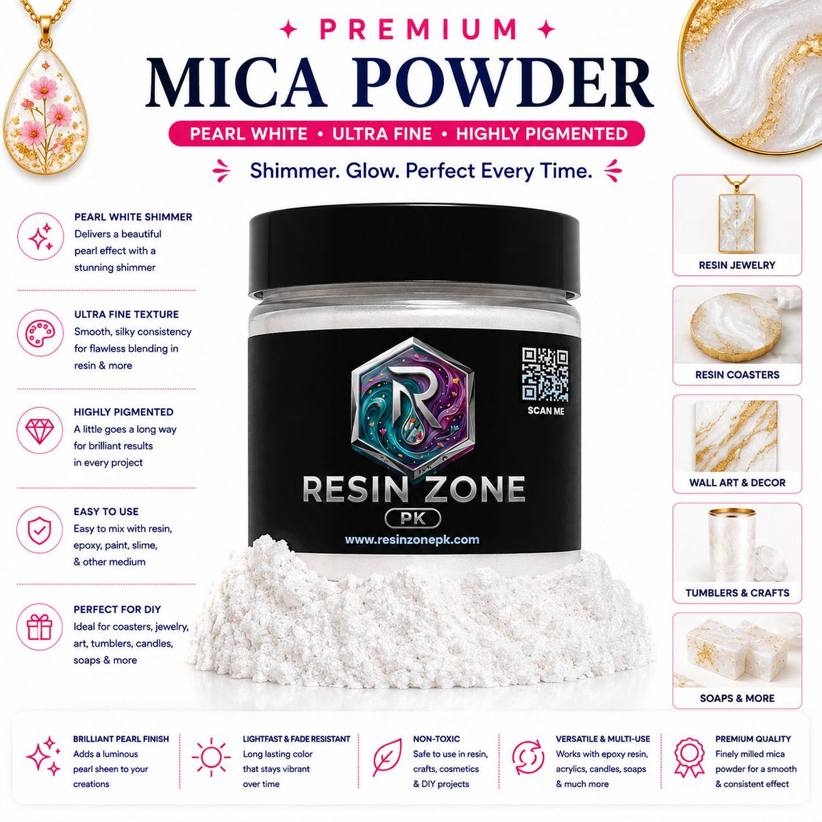 Premium Mica Powder – Pearl White Shimmer