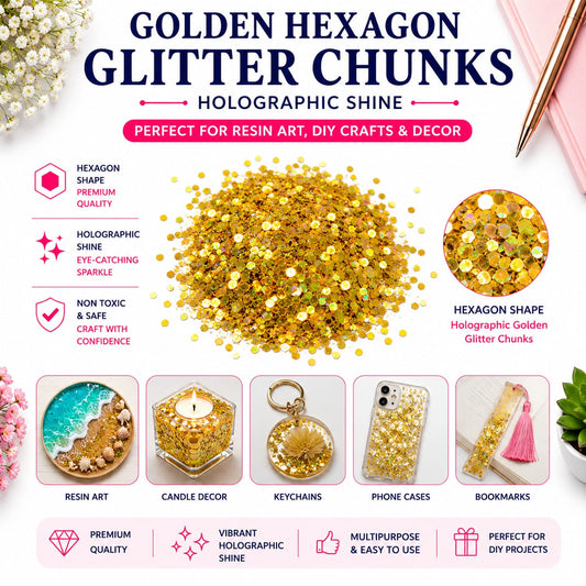Golden Hexagon Glitter Chunks – Holographic Shine