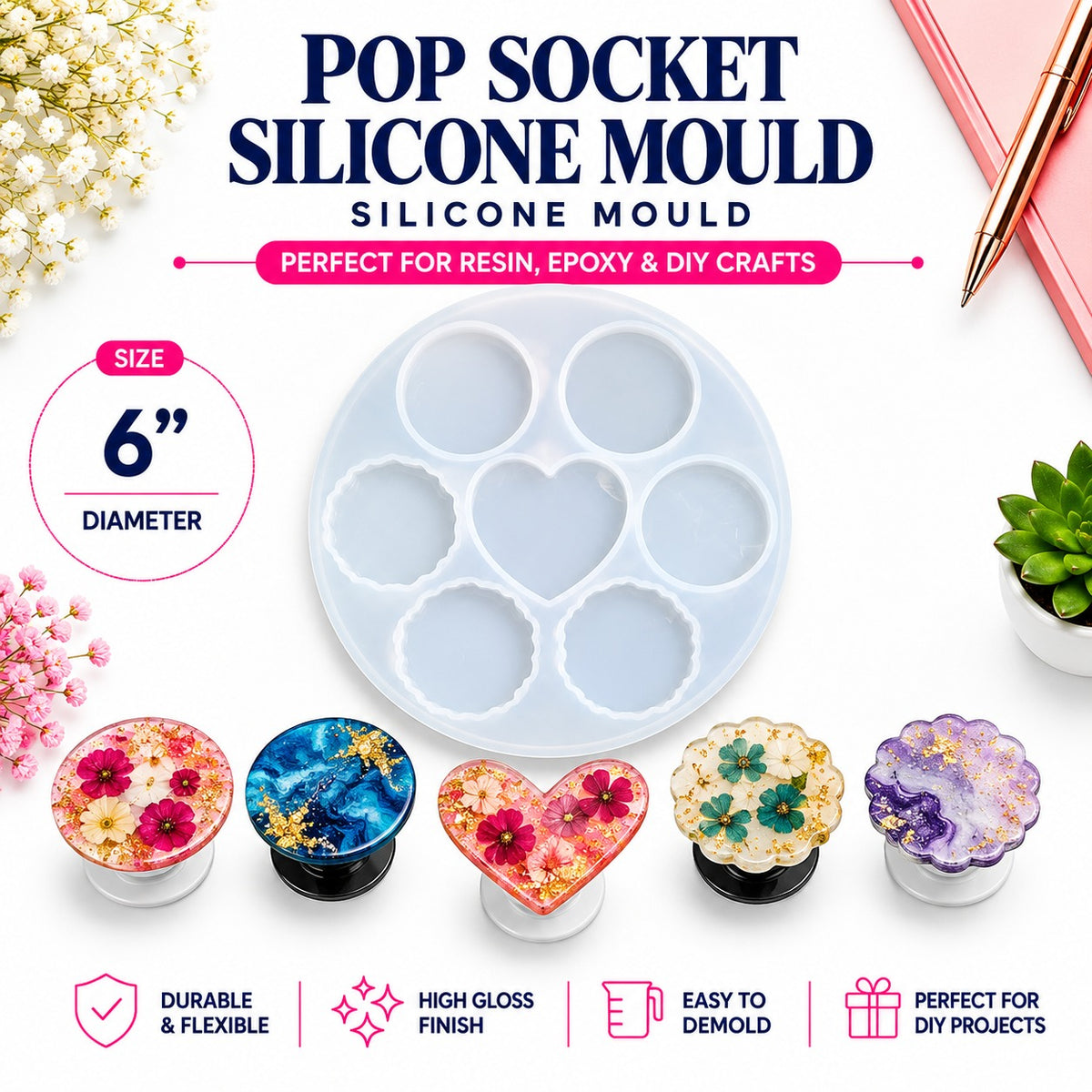 Pop Socket Silicone Mould – 7 Cavities 6"