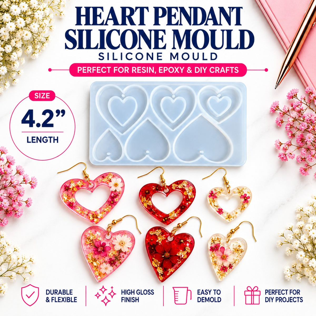 Heart Pendant Silicone Mould – 6 Cavities 4.2"