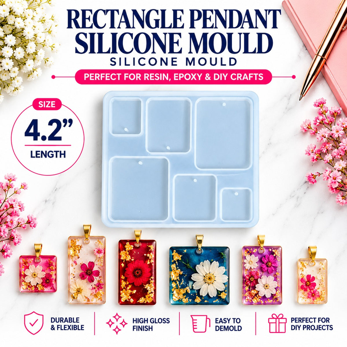 Rectangle Pendant Silicone Mould – 6 Cavities 4.2"