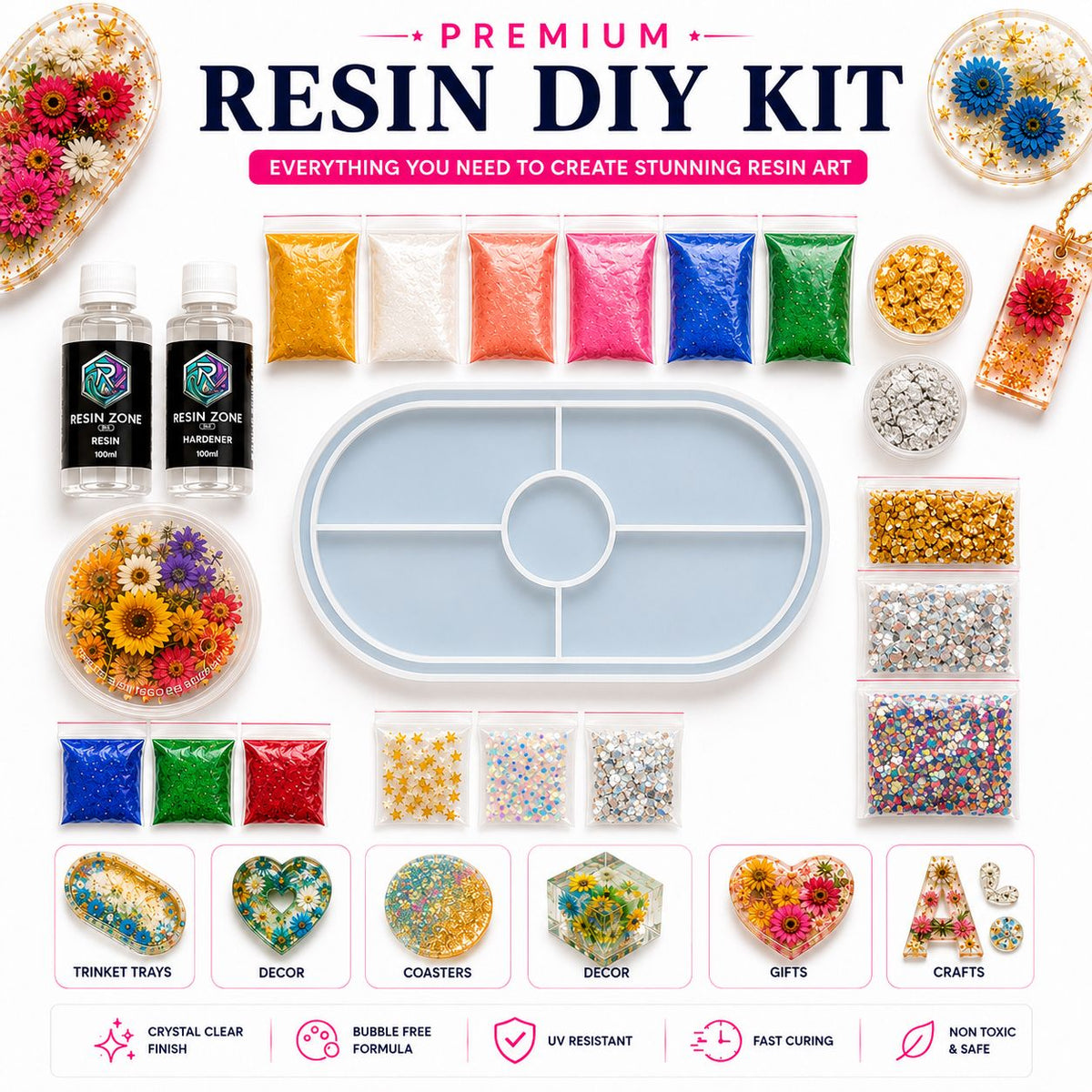 Trinkle Tray Resin Art Beginner Kit — Complete Starter Set for Keychains, Pendants & Small Crafts