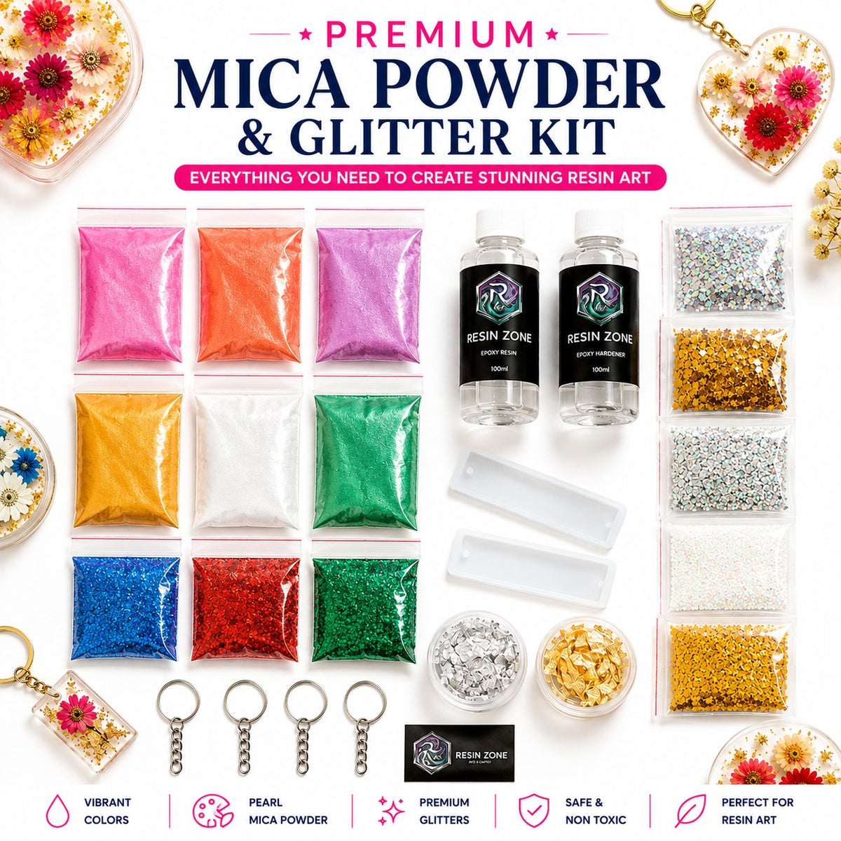 Rectangle Keychain Resin Art Beginner Kit — Complete Starter Set for Keychains, Pendants & Small Crafts