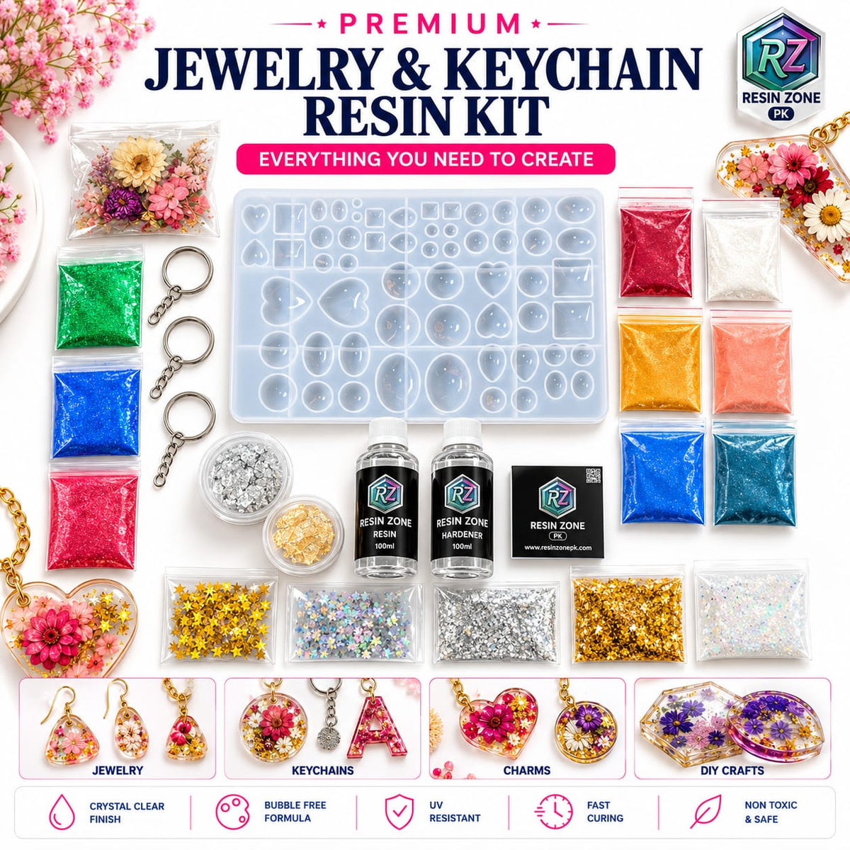 Cabochonset Resin Art Beginner Kit — Complete Starter Set for Keychains, Pendants & Small Crafts